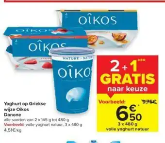 Carrefour Yoghurt op Griekse wijze Oikos Danone 3 x 480 g aanbieding