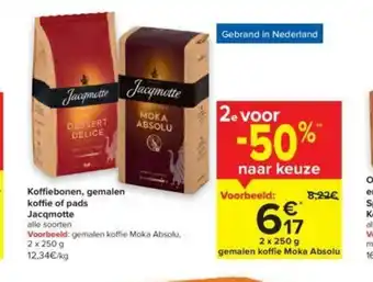 Carrefour Koffiebonen, gemalen koffie of pads Jacqmotte alle soorten 2 x 250 g aanbieding