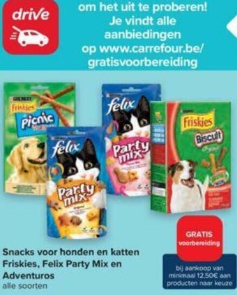 Carrefour Snacks voor honden en katten Friskies, Felix Party Mix en Adventuros aanbieding