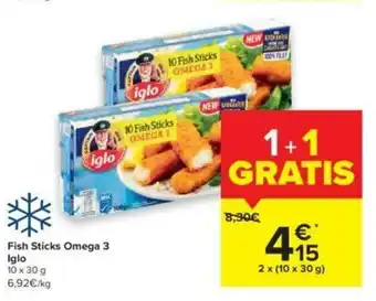 Carrefour Fish Sticks Omega 3 Iglo 10x30g aanbieding