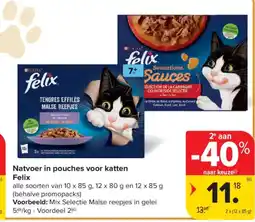 Carrefour Natvoer in pouches voor katten Felix aanbieding