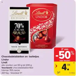 Carrefour Chocoladetabletten en -bolletjes Lindor Lindt aanbieding