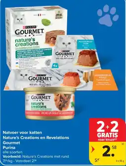 Carrefour Natvoer voor katten Nature's Creations en Revelations Gourmet Purina aanbieding