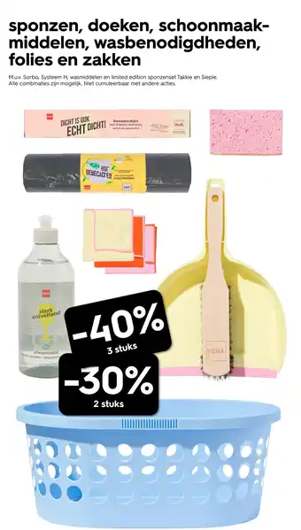 Sponzen, doeken, schoonmaakmiddelen, wasbenodigdheden, folies en zakken