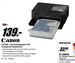 MediaMarkt Canon CP1500 +54 vel fotopapier KIT Compacte fotoprinter aanbieding