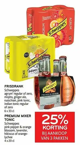 Alvo Frisdrank schweppes + premium mixer tonic schweppes 25% korting bij aankoop van 3 pakken aanbieding