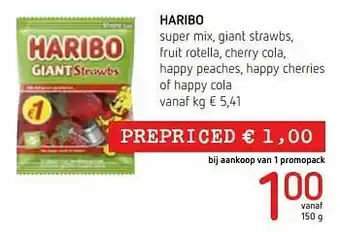 Haribo super mix, giant strawbs, fruit rotella, cherry cola, happy peaches, happy cherries of happy cola