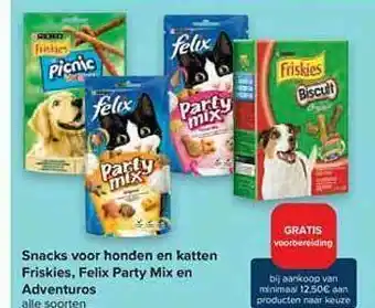 Carrefour Snacks Voor Honden En Katten Friskies, Felix Party Mix En Adventuros aanbieding