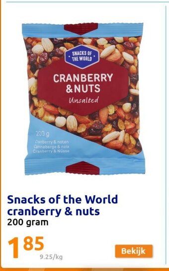 Action Snacks of the World cranberry & nuts 200 gram aanbieding