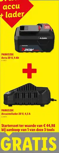 Lidl Parkside Accu 20 V, 4 Ah en Parkside Accusnellader 20 V, 4,5 A aanbieding