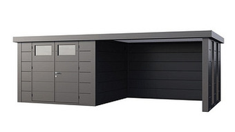 Makro Stalen tuinhuis Eleganto 300 x 300 cm dubbele deur met extensie rechts 344 cm en 2 smalle ramen + gratis drempeloprit t.w.v. aanbieding