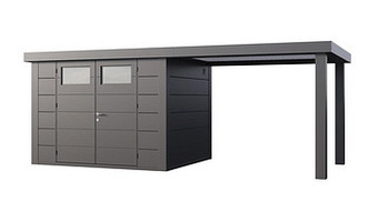 Stalen tuinhuis Eleganto 300 x 240 cm dubbele deur met open extensie rechts 280 cm