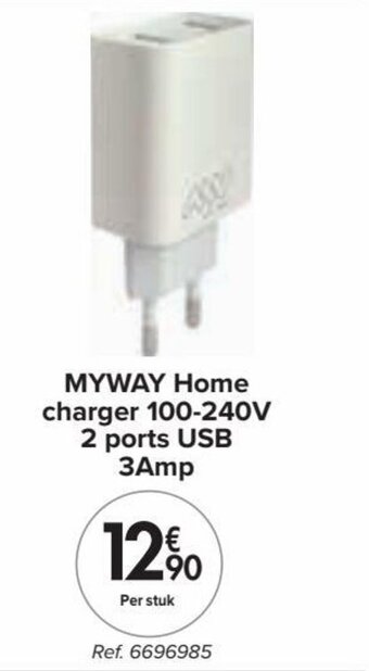 Carrefour MYWAY Home charger 100-240V 2 ports USB 3Amp aanbieding