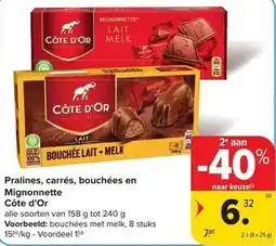 Carrefour Market Pralines, carrés, bouchées en Mignonnette Côte d'Or aanbieding
