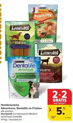 Carrefour Market Hondensnacks Adventuros, Dentalife en Friskies aanbieding