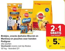 Carrefour Market Brokjes, snacks (behalve Biscrok en Markies) en pouches voor honden Pedigree aanbieding
