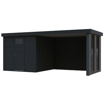 Makro Stalen tuinhuis Eleganto 240 x 240 cm enkele deur met extensie rechts 280 cm en 2 smalle ramen aanbieding
