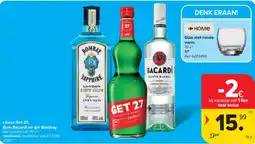 Carrefour Liqueur Get 27, Rum Bacardi en gin Bombay aanbieding