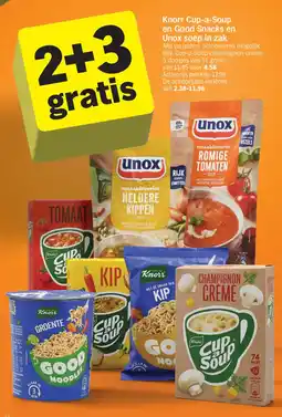 Albert Heijn Knorr Cup-a-Soup en Good Snacks en Unox soep in zak aanbieding