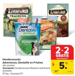 Carrefour Hondensnacks Adventuros, Dentalife en Friskies aanbieding