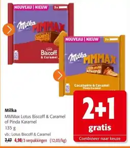 Colruyt Milka MMMax Lotus Biscoff & Caramel of Pinda Karamel aanbieding