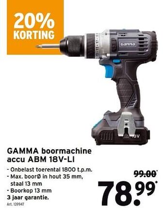 GAMMA Gamma boormachine accu abm 18v-li aanbieding