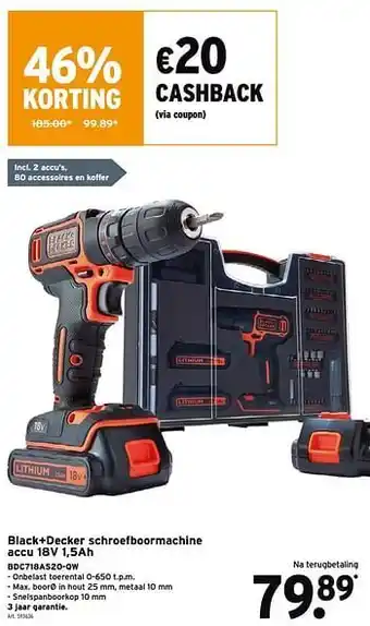 GAMMA Black+decker schroefboormachine accu 18v 1,5ah bdc718as2o-qw aanbieding