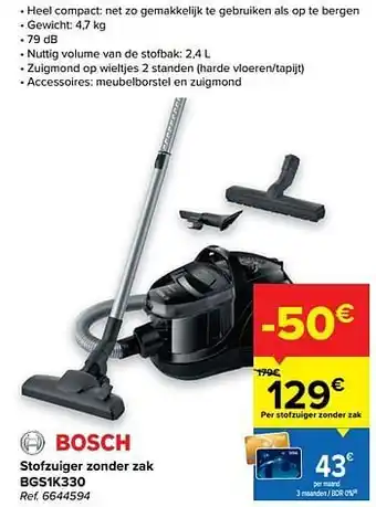 Carrefour Bosch stofzuiger zonder zak bgs1k330 aanbieding