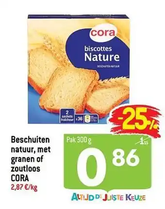 Beschuiten natuur, met granen of zoutloos cora