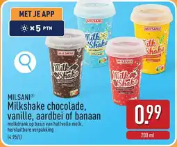 ALDI Milsani Milkshake Chocolade, Vanille, Aardbei of Banaan aanbieding