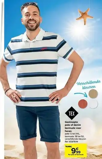 Carrefour Gestreepte polo of denim bermuda voor heren aanbieding