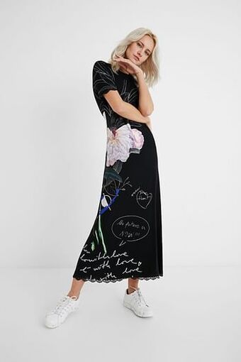 Lange jurk met kanten accenten - BLACK - L