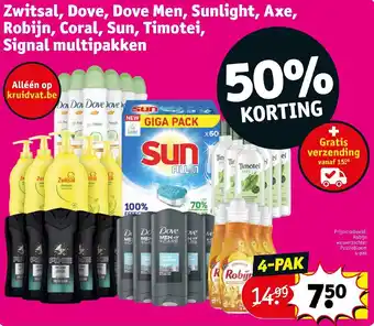 Kruidvat Zwitsal, Dove, Dove Men, Sunlight, Axe Robijn, Coral, Sun, Timotei, Signal multipakken aanbieding