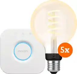 Coolblue Philips Hue Filament White Ambiance Globe 5-Pack + Bridge aanbieding