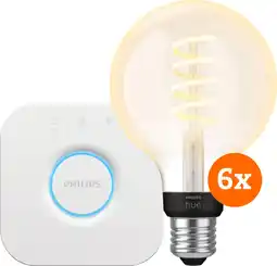 Coolblue Philips Hue Filament White Ambiance Globe 6-Pack + Bridge aanbieding
