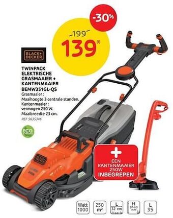 Brico Black + decker twinpack elektrische grasmaaier + kantenmaaier bemw351gl-qs aanbieding