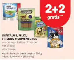 Spar Colruyt Dentalife, Felix, Friskies of Adventuros snacks voor katten of honden aanbieding