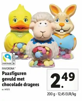 Lidl Favorina Paasfiguren gevuld met chocolade dragees 200 g aanbieding