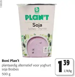 Colruyt Boni Plan't plantaardig alternatief voor yoghurt soja Bosbes aanbieding