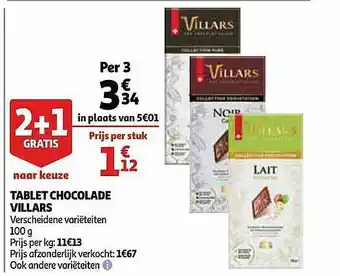Auchan Tablet Chocolade Villars aanbieding