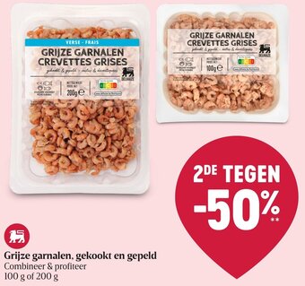 Delhaize Grijze garnalen, gekookt en gepeld 100 g of 200 g aanbieding