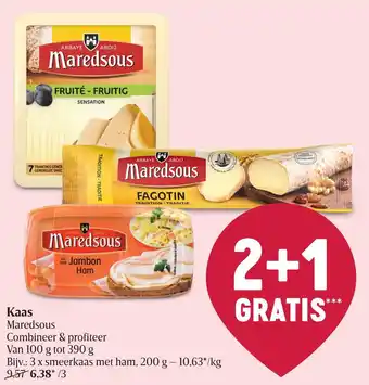 Delhaize Kaas maredsous 3 x smeerkaas met ham. 200 g aanbieding