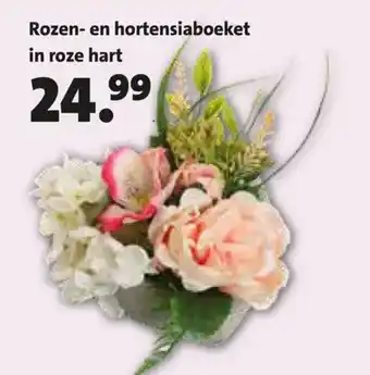 Rozen- en hortensiaboeket in roze hart