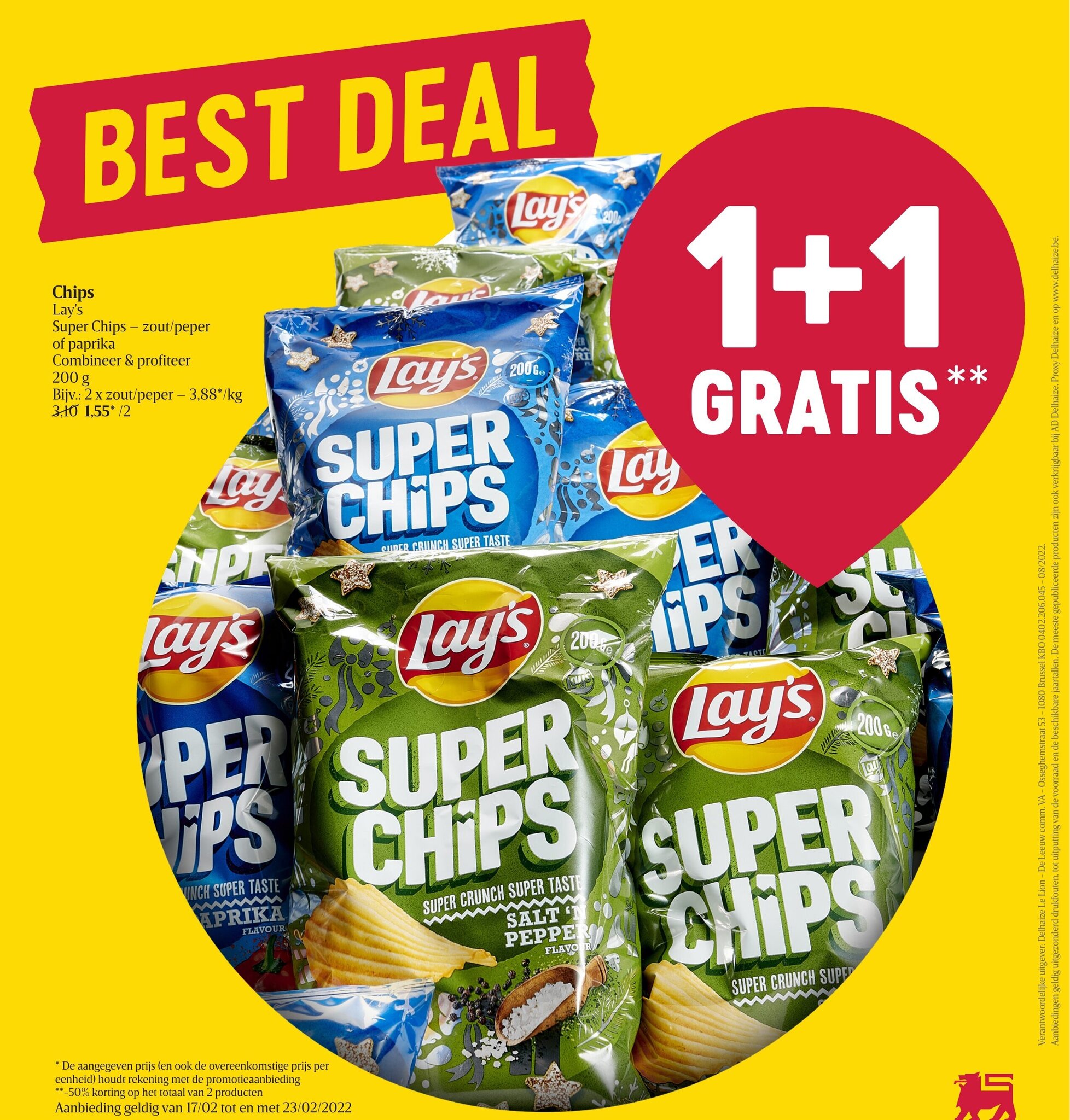Chips lay's super chips zout/peper of paprika 200 g promotie bij Delhaize