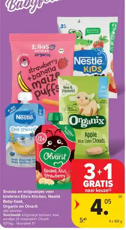 Carrefour Snacks en knijpzakjes voor kinderen Ella's Kitchen, Nestlé Baby food, Organix en Olvarit aanbieding