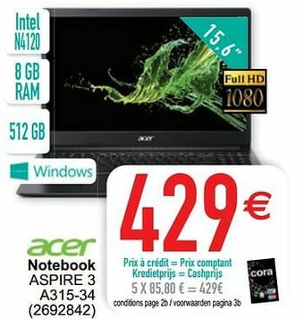 Cora Acer notebook aspire 3 a315-34 aanbieding