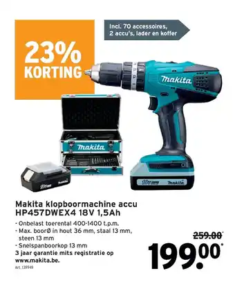 GAMMA Makita klopboormachine accu HP457DWEX4 18 V 1,5 Ah aanbieding