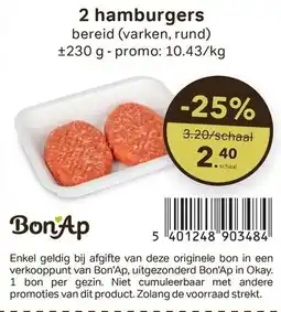 Bon Ap 2 hamburgers bereid (varken, rund) aanbieding