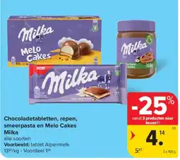 Carrefour Market Chocoladetabletten, repen, smeer pasta en Melo Cakes Milka aanbieding