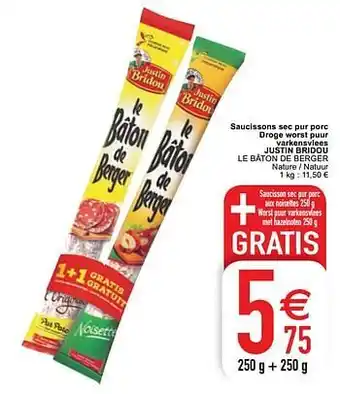 Cora Saucissons sec pur porc droge worst puur varkensvlees justin bridou 250 g + 250 g aanbieding